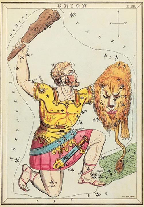 Orion depicted as Hercules, brandishing his club and the shield of the Nemean lion, plus a sword hanging from his belt. In comparison Gilgamesh was described as holding an axe and a bow, plus his sword, but they are both quite clearly manifestations of Orion. This is why Orion is kneeling, because Hercules was called Engonasisn, meaning 'The Kneeler'. (Public Domain)
